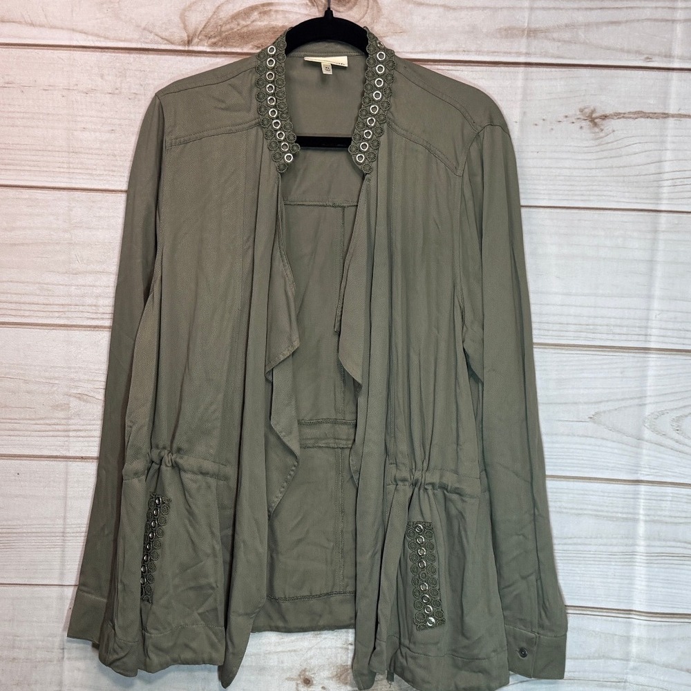 Tru Self Olive Green Utility‎ Jacket Crochet Grommet Trim Open Front XL Boho